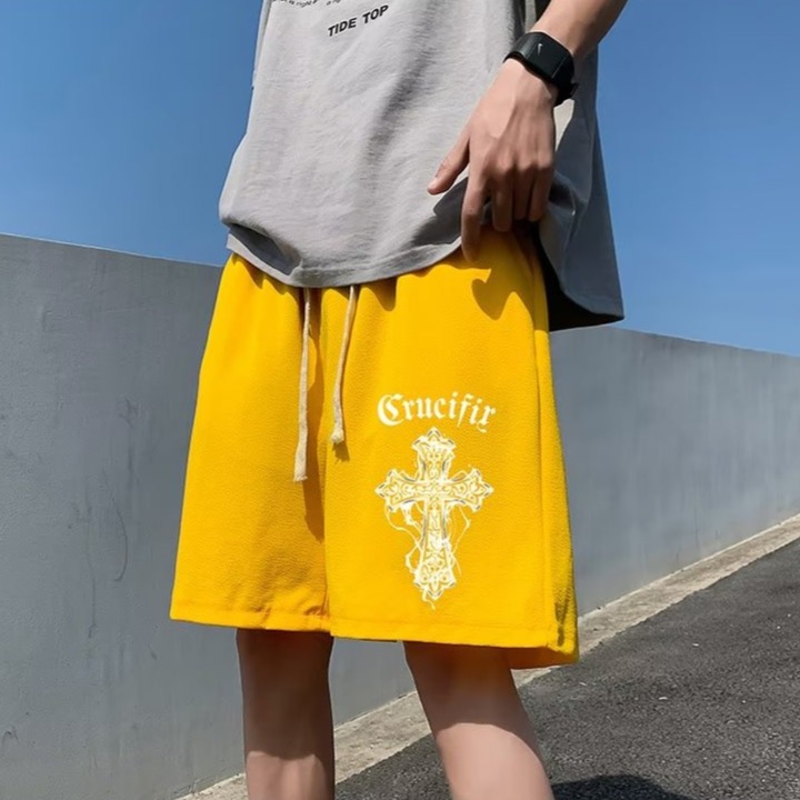 『癮品流行』美式純棉高街運動短褲 十字架印花 五分褲 闊腿寬褲  休閒百搭 寬鬆大碼 M-5XL-細節圖5