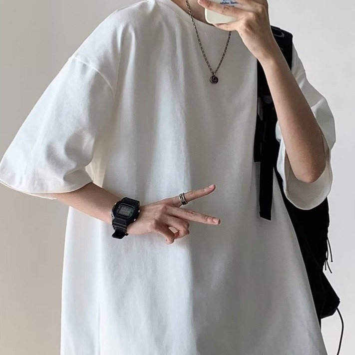 『癮品流行』夏季短袖T恤男 打底衫 休閒 簡約純色 美式純棉T恤 落肩T恤 大碼寬鬆 M-2XL-細節圖3