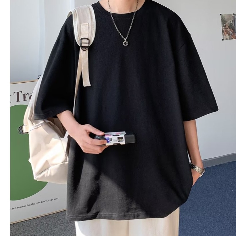 『癮品流行』夏季短袖T恤男 打底衫 休閒 簡約純色 美式純棉T恤 落肩T恤 大碼寬鬆 M-2XL-細節圖5