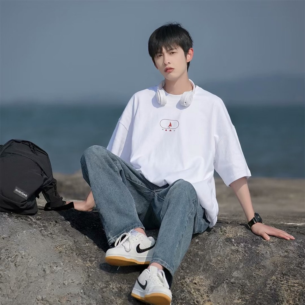 『癮品流行』美式高街純棉T恤 夏季短袖T恤男 五分袖 寬鬆圓領上衣 休閒百搭 oversize M-3XL-細節圖3