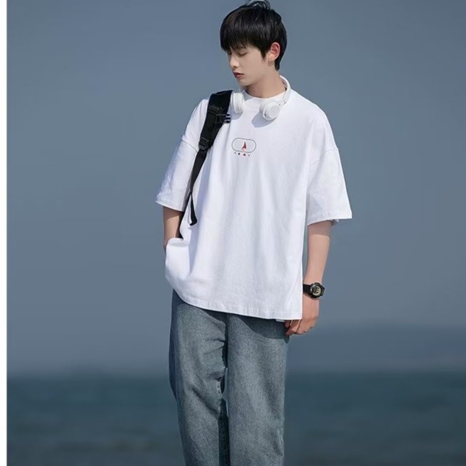 『癮品流行』美式高街純棉T恤 夏季短袖T恤男 五分袖 寬鬆圓領上衣 休閒百搭 oversize M-3XL-細節圖4