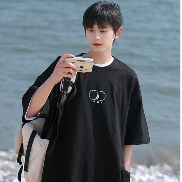 『癮品流行』美式高街純棉T恤 夏季短袖T恤男 五分袖 寬鬆圓領上衣 休閒百搭 oversize M-3XL-細節圖5