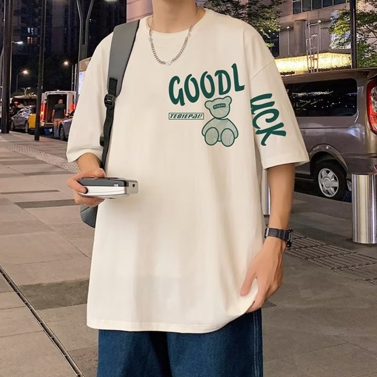 『癮品流行』夏季薄款 短袖T恤男 美式玩具熊印花T恤 高街純棉圓領上衣 五分袖 休閒百搭oversize M-3XL-細節圖3