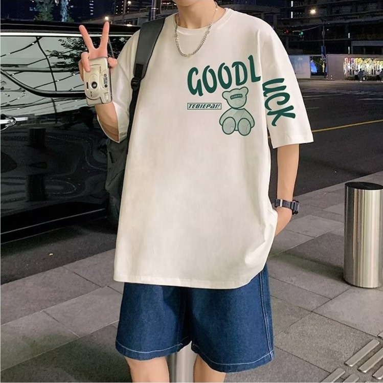 『癮品流行』夏季薄款 短袖T恤男 美式玩具熊印花T恤 高街純棉圓領上衣 五分袖 休閒百搭oversize M-3XL-細節圖4