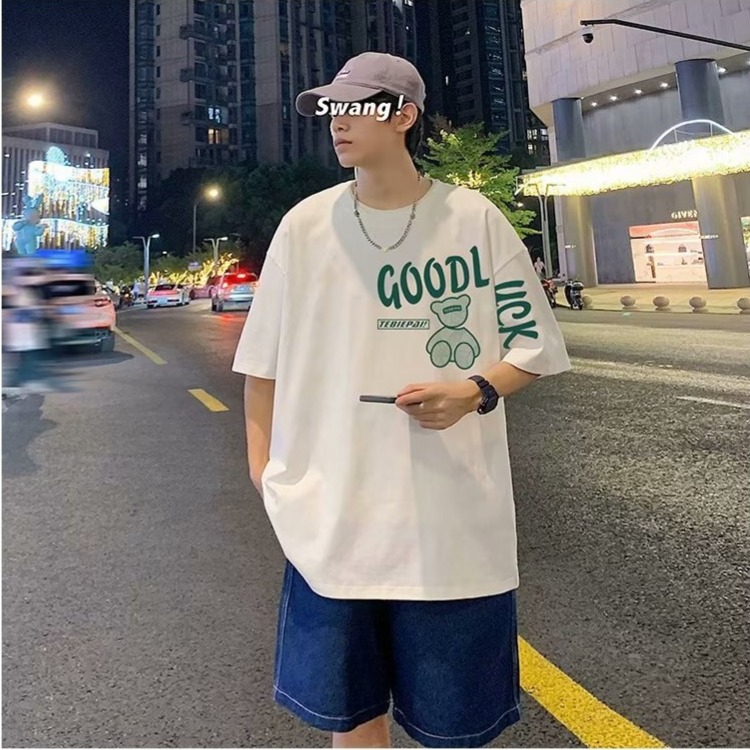 『癮品流行』夏季薄款 短袖T恤男 美式玩具熊印花T恤 高街純棉圓領上衣 五分袖 休閒百搭oversize M-3XL-細節圖5