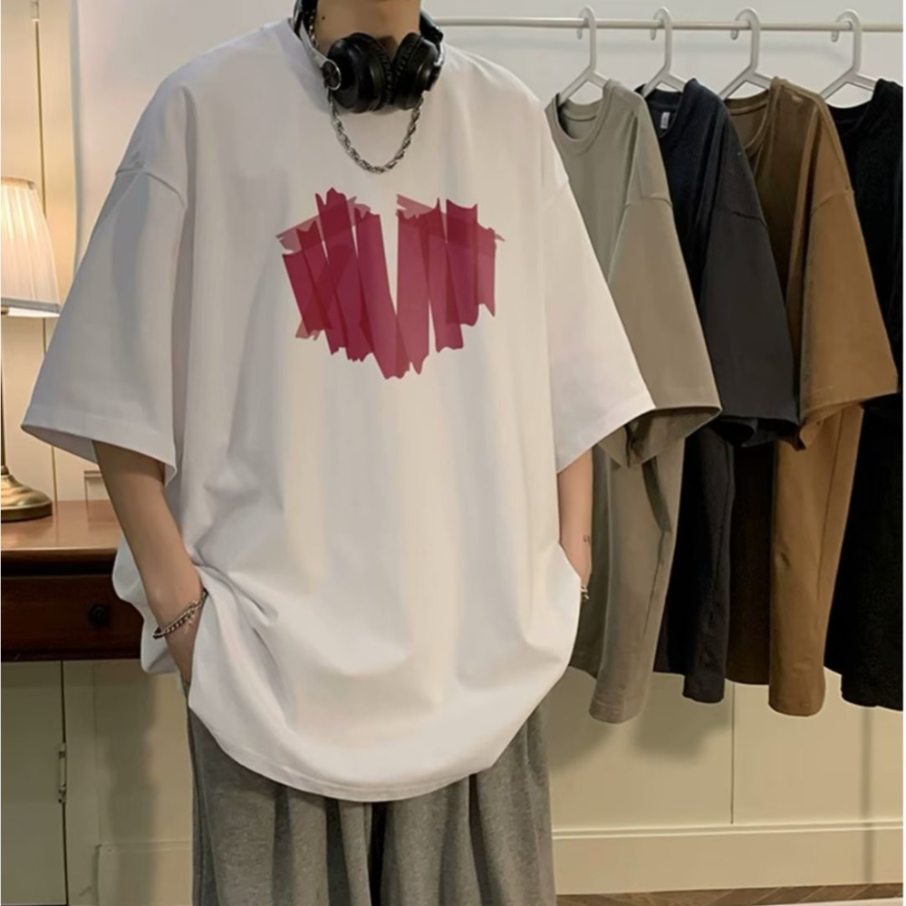 『癮品流行』夏季短T男 愛心印花 美式高街純棉短袖T恤 圓領上衣 五分袖 休閒百搭 設計感 M-3XL-細節圖4