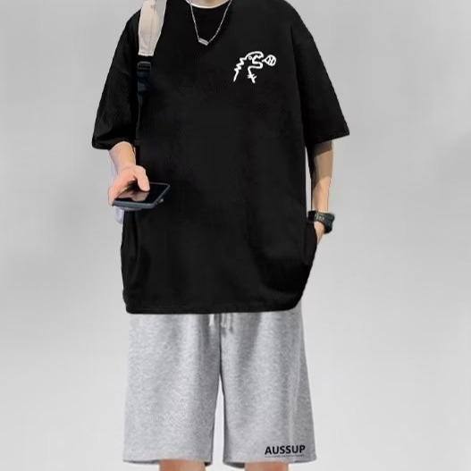 『癮品流行』休閒套裝男 夏季套裝男 短袖短褲套裝男 T恤男 圓領上衣 五分褲 純色簡約 休閒百搭 大碼寬鬆 M-5XL-細節圖7