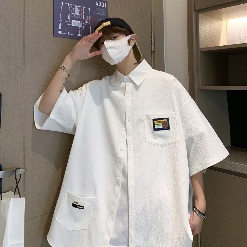 『癮品流行』男生夏季襯衫 冰絲透氣短袖襯衣 翻領上衣 開衫多口袋設計感 休閒襯衫百搭短袖襯衫 M-5XL-細節圖3