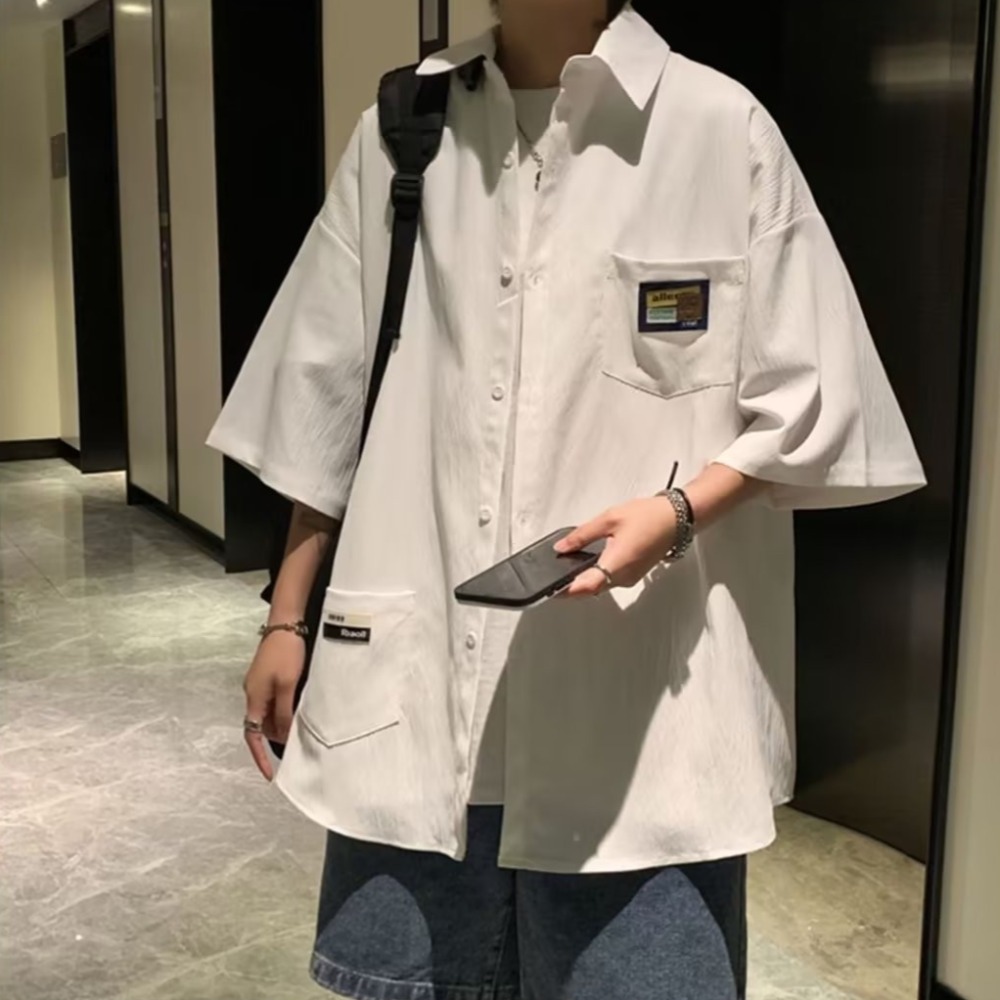 『癮品流行』男生夏季襯衫 冰絲透氣短袖襯衣 翻領上衣 開衫多口袋設計感 休閒襯衫百搭短袖襯衫 M-5XL-細節圖4