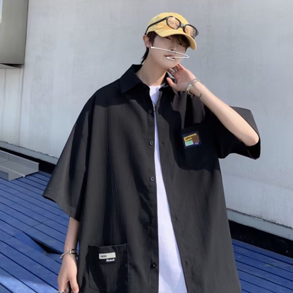 『癮品流行』男生夏季襯衫 冰絲透氣短袖襯衣 翻領上衣 開衫多口袋設計感 休閒襯衫百搭短袖襯衫 M-5XL-細節圖5