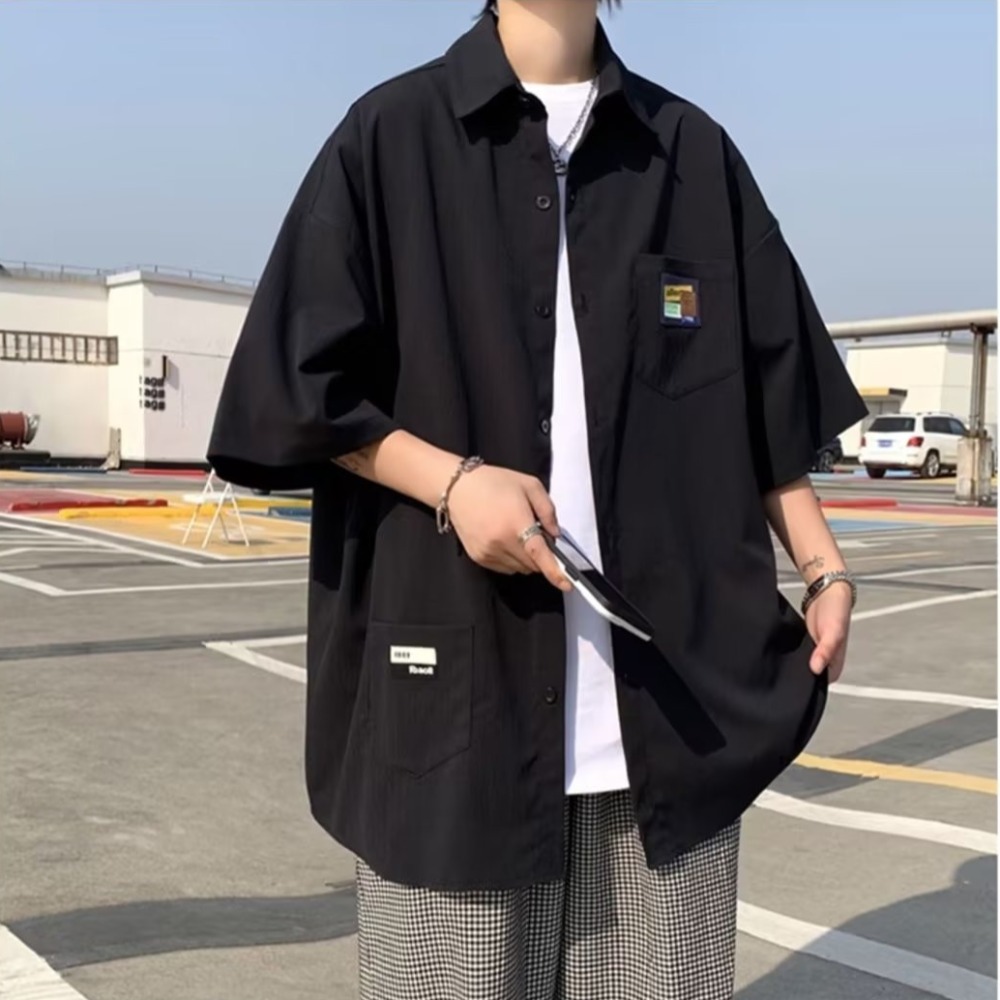 『癮品流行』男生夏季襯衫 冰絲透氣短袖襯衣 翻領上衣 開衫多口袋設計感 休閒襯衫百搭短袖襯衫 M-5XL-細節圖7