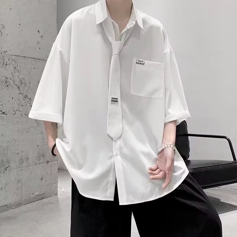 『癮品流行』男生夏季襯衫 領帶襯衫冰絲透氣 翻領上衣 開衫襯衣口袋 五分袖襯衣 休閒百搭 M-3XL-細節圖3