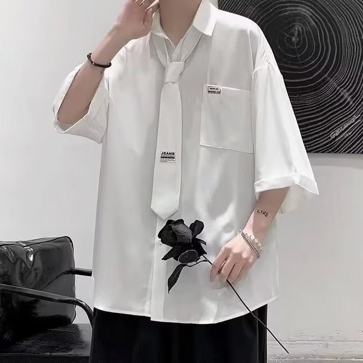 『癮品流行』男生夏季襯衫 領帶襯衫冰絲透氣 翻領上衣 開衫襯衣口袋 五分袖襯衣 休閒百搭 M-3XL-細節圖4