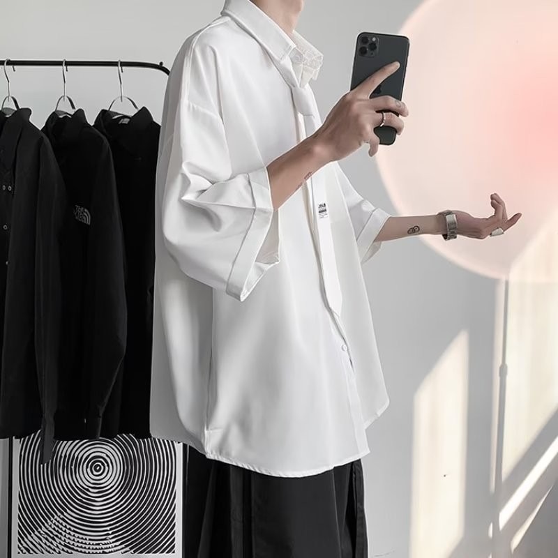 『癮品流行』男生夏季襯衫 領帶襯衫冰絲透氣 翻領上衣 開衫襯衣口袋 五分袖襯衣 休閒百搭 M-3XL-細節圖5