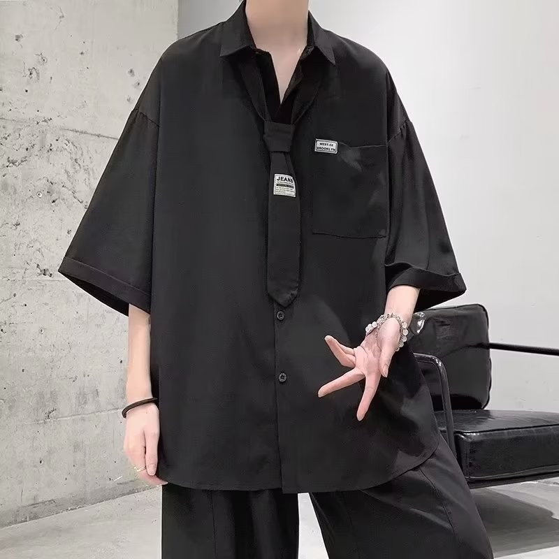 『癮品流行』男生夏季襯衫 領帶襯衫冰絲透氣 翻領上衣 開衫襯衣口袋 五分袖襯衣 休閒百搭 M-3XL-細節圖6