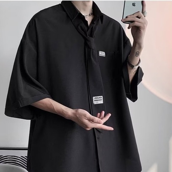 『癮品流行』男生夏季襯衫 領帶襯衫冰絲透氣 翻領上衣 開衫襯衣口袋 五分袖襯衣 休閒百搭 M-3XL-細節圖7