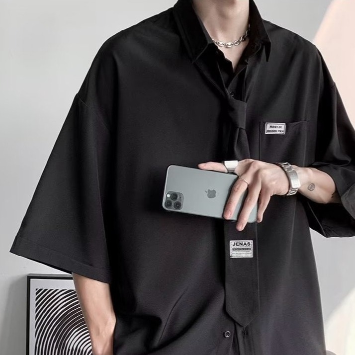 『癮品流行』男生夏季襯衫 領帶襯衫冰絲透氣 翻領上衣 開衫襯衣口袋 五分袖襯衣 休閒百搭 M-3XL-細節圖8