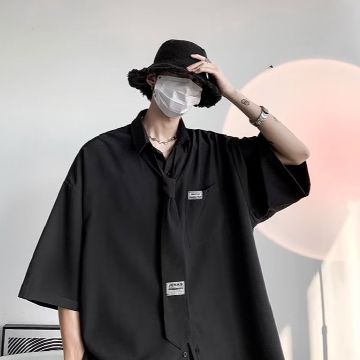 『癮品流行』男生夏季襯衫 領帶襯衫冰絲透氣 翻領上衣 開衫襯衣口袋 五分袖襯衣 休閒百搭 M-3XL-細節圖9