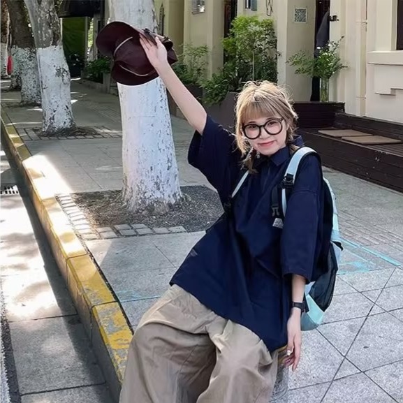 『癮品流行』夏季五分袖襯衫 短袖襯衣拉鏈多口袋設計感 慵懶風 翻領上衣 休閒百搭 男女同款 M-3XL-細節圖3