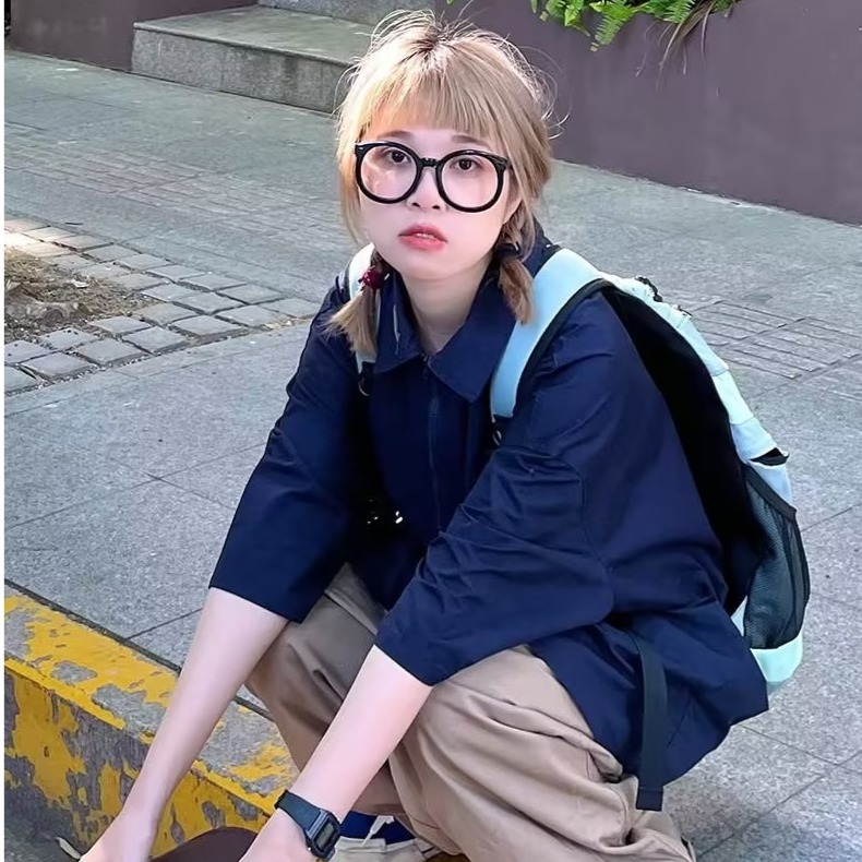 『癮品流行』夏季五分袖襯衫 短袖襯衣拉鏈多口袋設計感 慵懶風 翻領上衣 休閒百搭 男女同款 M-3XL-細節圖4