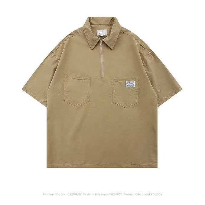 『癮品流行』夏季五分袖襯衫 短袖襯衣拉鏈多口袋設計感 慵懶風 翻領上衣 休閒百搭 男女同款 M-3XL-細節圖8