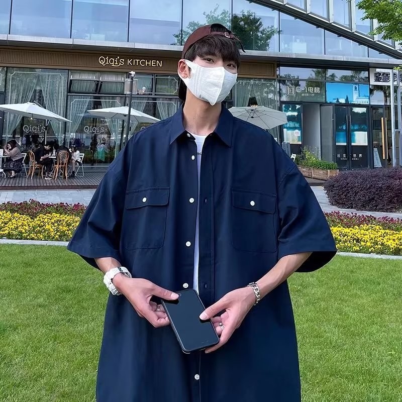 『癮品流行』男襯衫 夏季薄款 圓領上衣 短袖襯衣 五分袖襯衫 襯衫外套 設計感紐扣多口袋 休閒百搭 M-3XL-細節圖3