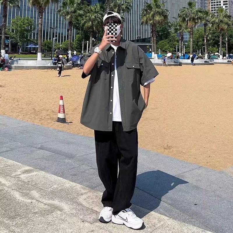 『癮品流行』男襯衫 夏季薄款 圓領上衣 短袖襯衣 五分袖襯衫 襯衫外套 設計感紐扣多口袋 休閒百搭 M-3XL-細節圖7