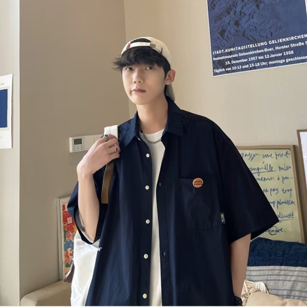 『癮品流行』男生夏季襯衫 襯衫男 襯衫外套 五分袖襯衣 翻領襯衫 原宿風設計感 休閒百搭 M-3XL-細節圖3