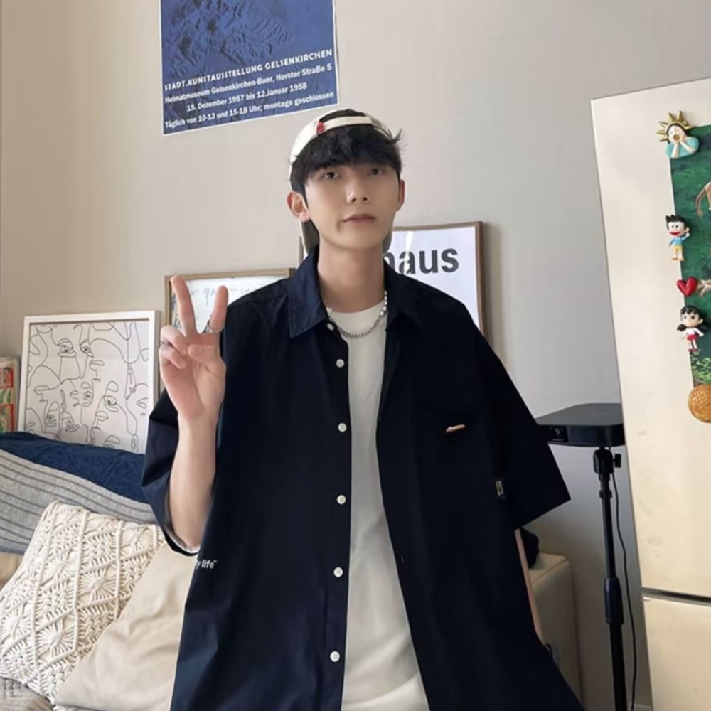 『癮品流行』男生夏季襯衫 襯衫男 襯衫外套 五分袖襯衣 翻領襯衫 原宿風設計感 休閒百搭 M-3XL-細節圖4