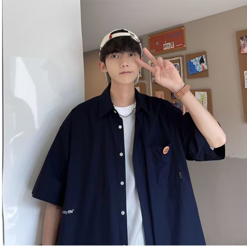 『癮品流行』男生夏季襯衫 襯衫男 襯衫外套 五分袖襯衣 翻領襯衫 原宿風設計感 休閒百搭 M-3XL-細節圖5