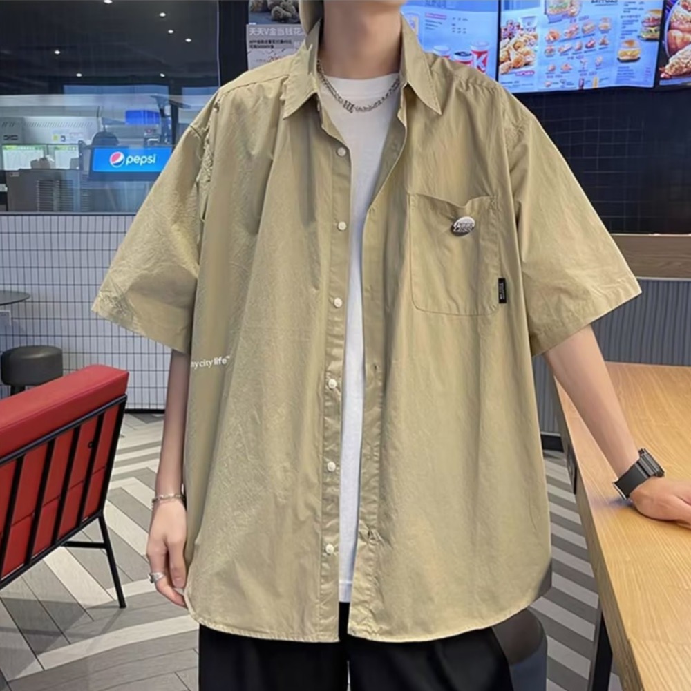 『癮品流行』男生夏季襯衫 襯衫男 襯衫外套 五分袖襯衣 翻領襯衫 原宿風設計感 休閒百搭 M-3XL-細節圖8