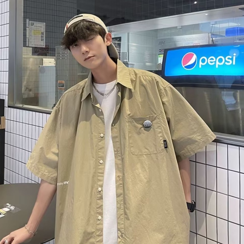 『癮品流行』男生夏季襯衫 襯衫男 襯衫外套 五分袖襯衣 翻領襯衫 原宿風設計感 休閒百搭 M-3XL-細節圖9