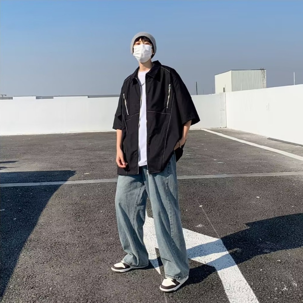 『癮品流行』男生夏季襯衫 側邊拉鏈設計感 襯衫外套 五分袖襯衣 翻領襯衫 寬鬆oversize M-3XL-細節圖4