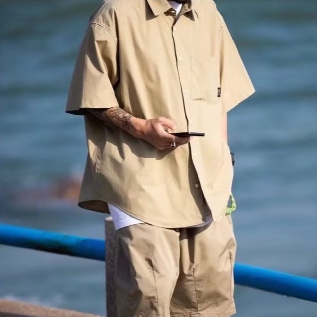 『癮品流行』男生夏季襯衫 原宿風襯衫外套 五分袖襯衣 翻領上衣 純色簡約 單排紐扣設計感 休閒百搭 M-2XL-細節圖4