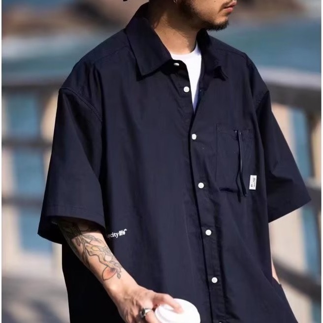 『癮品流行』男生夏季襯衫 原宿風襯衫外套 五分袖襯衣 翻領上衣 純色簡約 單排紐扣設計感 休閒百搭 M-2XL-細節圖6