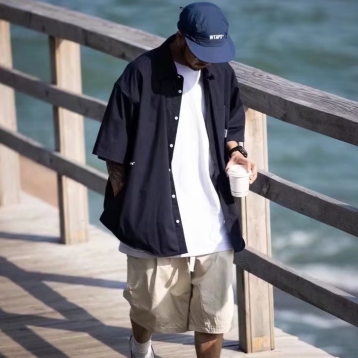 『癮品流行』男生夏季襯衫 原宿風襯衫外套 五分袖襯衣 翻領上衣 純色簡約 單排紐扣設計感 休閒百搭 M-2XL-細節圖7