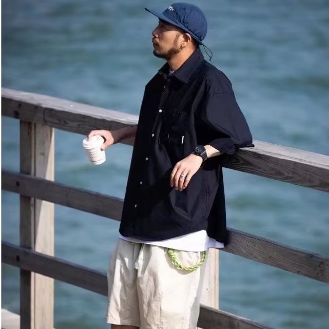 『癮品流行』男生夏季襯衫 原宿風襯衫外套 五分袖襯衣 翻領上衣 純色簡約 單排紐扣設計感 休閒百搭 M-2XL-細節圖8