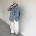 『癮品流行』港風條紋襯衫男 夏季薄款 短袖襯衣 五分袖翻領襯衣 原宿風設計感 休閒百搭 M-3XL-規格圖9