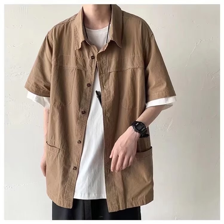 『癮品流行』日系工裝襯衫男 襯衫外套 五分袖襯衣 翻領上衣 原宿風設計感多口袋 休閒百搭 M-2XL-細節圖3