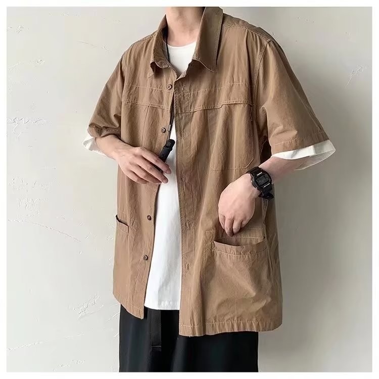 『癮品流行』日系工裝襯衫男 襯衫外套 五分袖襯衣 翻領上衣 原宿風設計感多口袋 休閒百搭 M-2XL-細節圖4