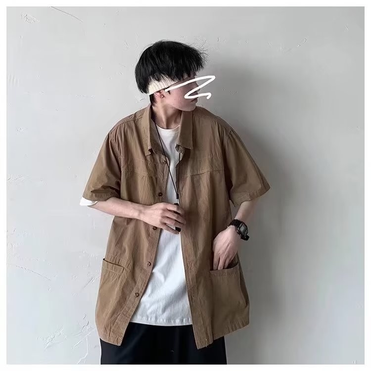 『癮品流行』日系工裝襯衫男 襯衫外套 五分袖襯衣 翻領上衣 原宿風設計感多口袋 休閒百搭 M-2XL-細節圖7