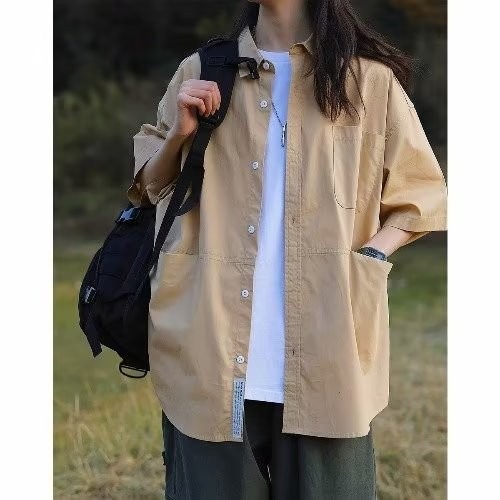 『癮品流行』日系工裝襯衫 夏季襯衫 短袖襯衣五分袖翻領上衣 設計感原宿風 休閒百搭 男女同款 M-3XL-細節圖3