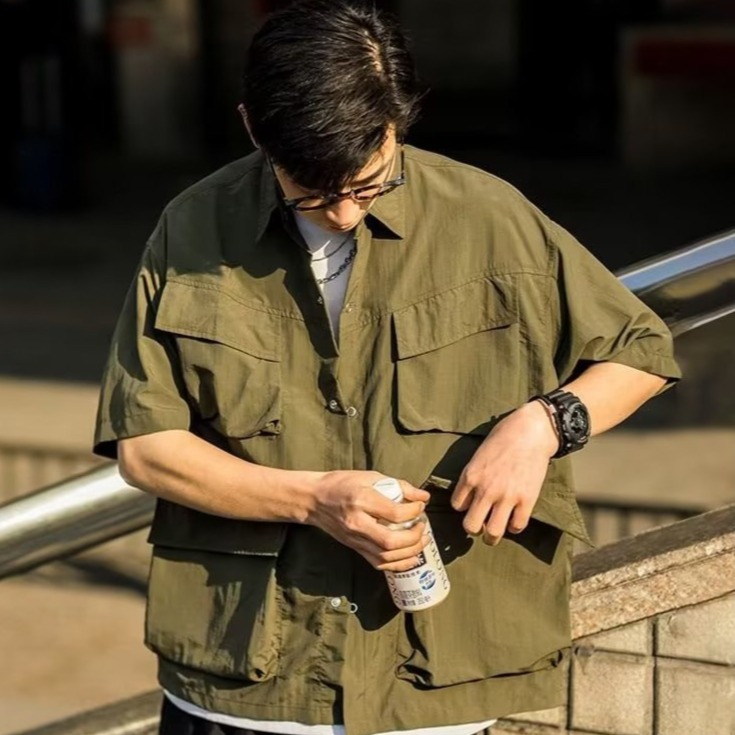 『癮品流行』日系工裝襯衫男 五分袖襯衣 翻領襯衣 襯衫外套 原宿風設計感多口袋 休閒百搭 M-2XL-細節圖3