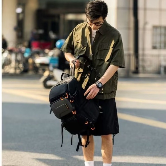 『癮品流行』日系工裝襯衫男 五分袖襯衣 翻領襯衣 襯衫外套 原宿風設計感多口袋 休閒百搭 M-2XL-細節圖4