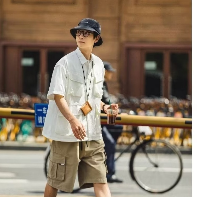 『癮品流行』日系工裝襯衫男 五分袖襯衣 翻領襯衣 襯衫外套 原宿風設計感多口袋 休閒百搭 M-2XL-細節圖5