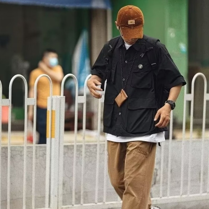 『癮品流行』日系工裝襯衫男 五分袖襯衣 翻領襯衣 襯衫外套 原宿風設計感多口袋 休閒百搭 M-2XL-細節圖6