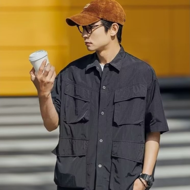 『癮品流行』日系工裝襯衫男 五分袖襯衣 翻領襯衣 襯衫外套 原宿風設計感多口袋 休閒百搭 M-2XL-細節圖7
