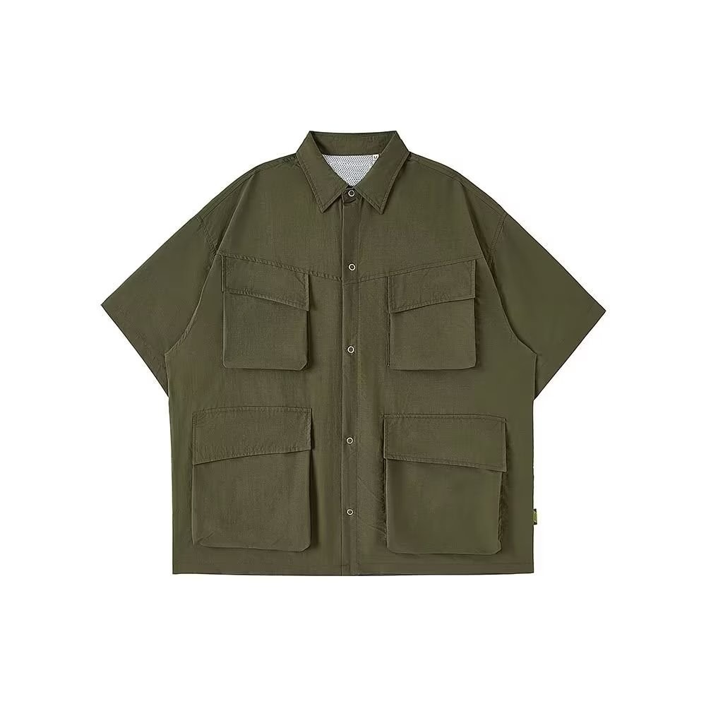 『癮品流行』日系工裝襯衫男 五分袖襯衣 翻領襯衣 襯衫外套 原宿風設計感多口袋 休閒百搭 M-2XL-細節圖8