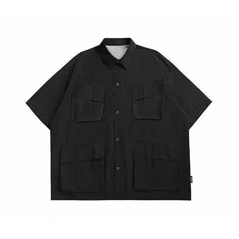 『癮品流行』日系工裝襯衫男 五分袖襯衣 翻領襯衣 襯衫外套 原宿風設計感多口袋 休閒百搭 M-2XL-細節圖10