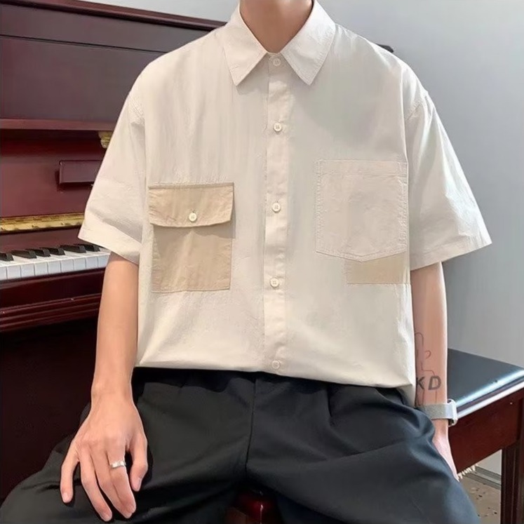 『癮品流行』男生翻領襯衣 五分袖上衣 襯衫外套 純色襯衫 原宿風 設計感多口袋 休閒百搭 M-2XL-細節圖3